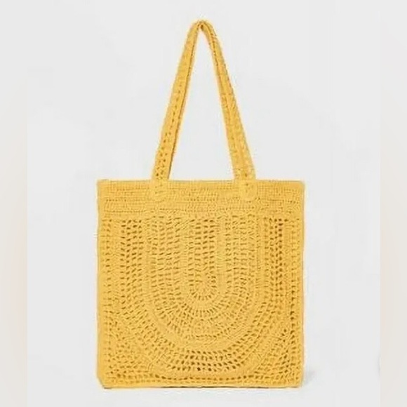 Large Crochet Tote Black Yellow Handbag Purse Beach Woven Universal Thread New - Picture 2 of 6